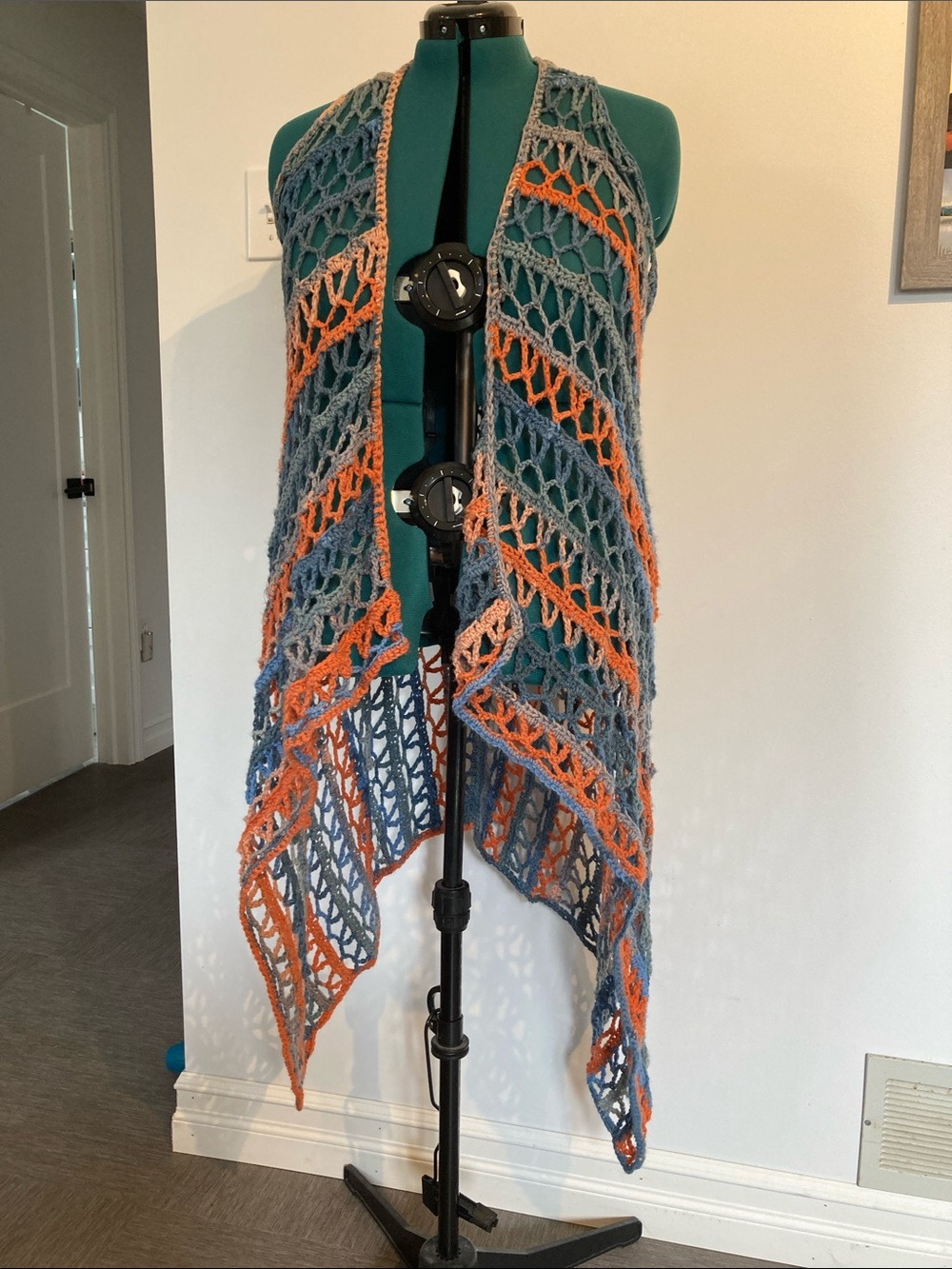Handmade Crochet Blue and Orange Gradient Sleeveless Duster